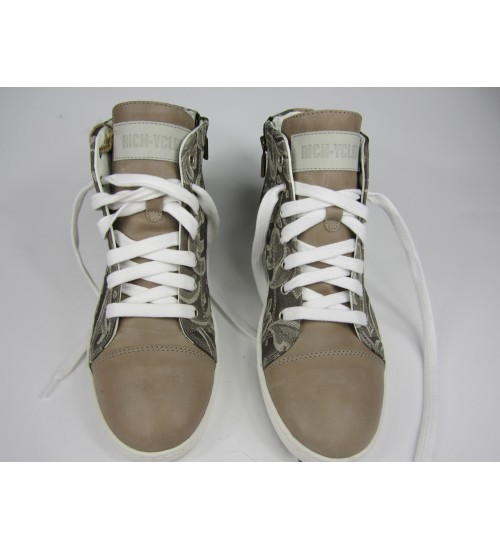 Deluxe handmade sneakers brown leather , decorated fabric